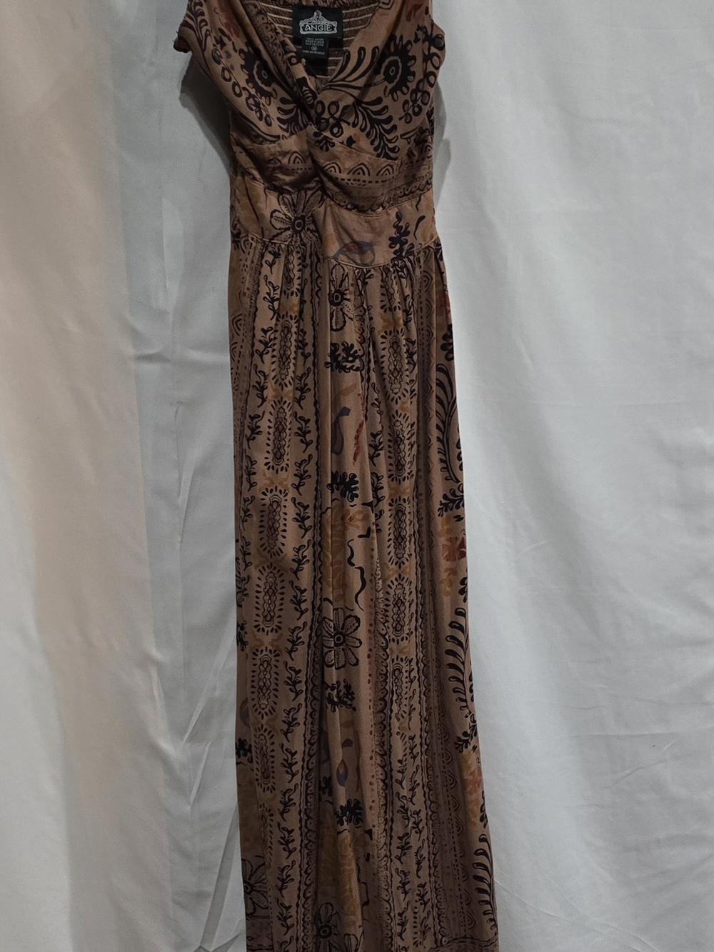 Angie Brown Cami Maxi Dress Black Paisley, Scrolling Floral Borders M - Picture 2 of 7